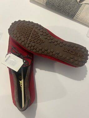 Geox Red Suede Driving Shoes with Brown Pebbled Sole